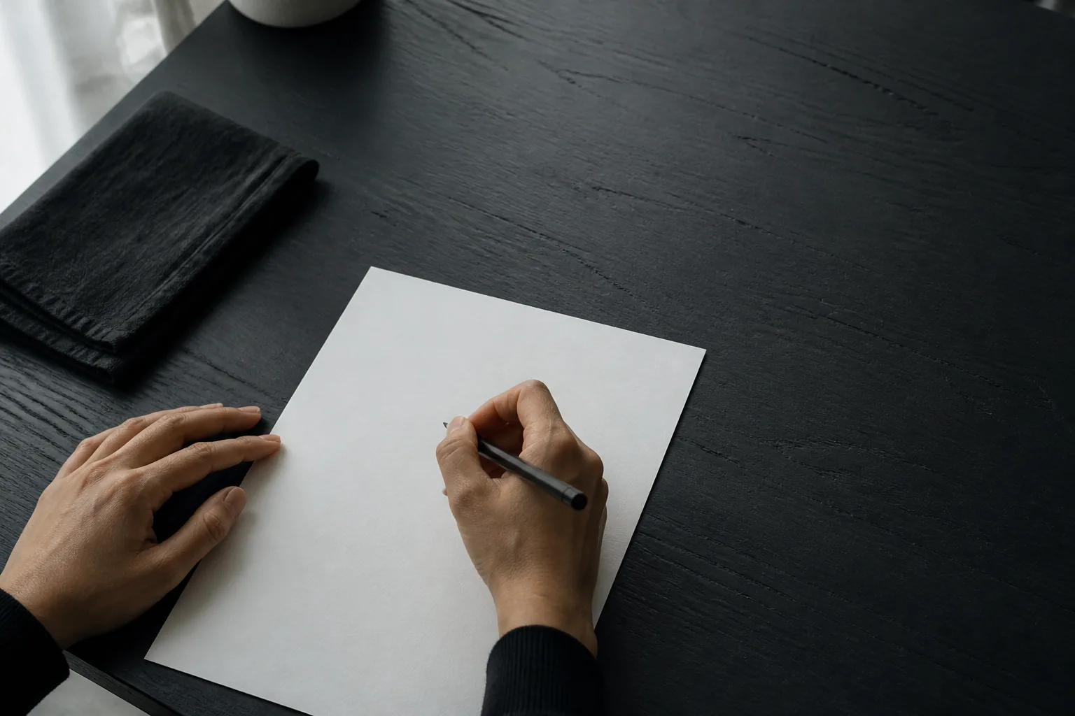 Two hands prepare to write questions on a blank page at a dark table.